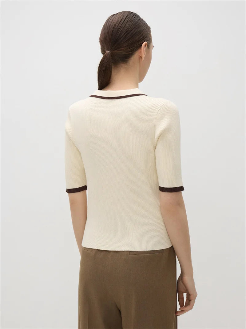 Short Sleeve Knit T-shirt Women Sweater Pullovers Summer Female Patchwork Ribbed Lapel Slim Knitted Tops Sweaters