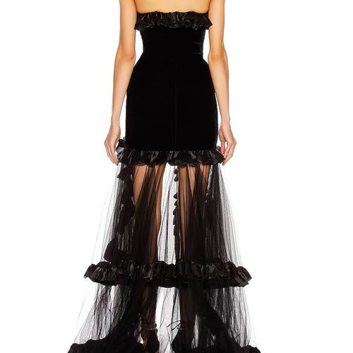 Load image into Gallery viewer, Solid Spliced Mesh Slimming Dresses For Women Strapless Sleeveless High Waist Temperament Split Dress Female New
