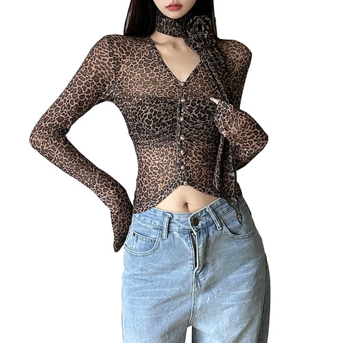 Load image into Gallery viewer, Leopard Tops Women Grunge Clothes See Through V Neck Long Sleeve Button T Shirts with Scarf y2k Clothing Streetwear
