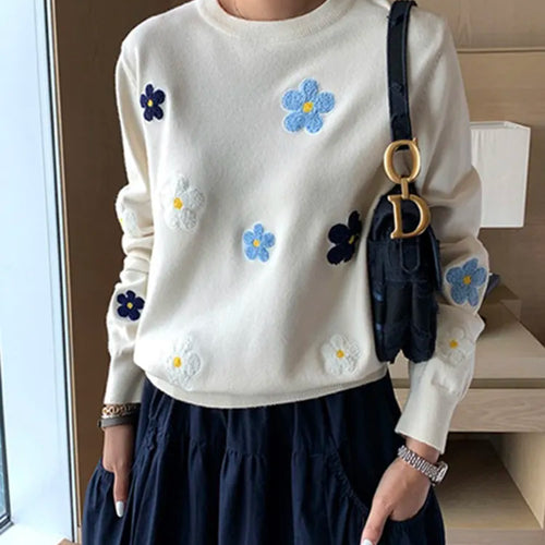 Load image into Gallery viewer, Korean Floral Embroidery Pullover Sweater High Quality Women Elegant O Neck Knitted Tops C-089
