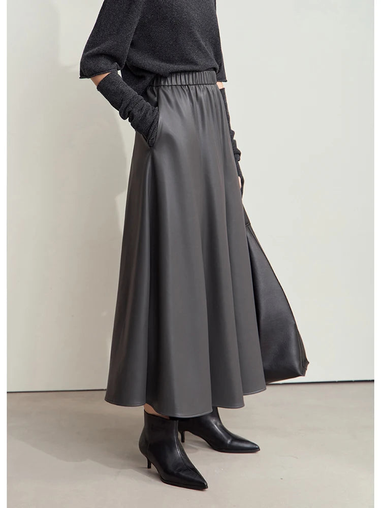 Minimalist Commuter Chic Skirt for Women 2024 Winter PU Elastic Waist Leather Multi-piece Patchwork Umbrella Skirt 12444168