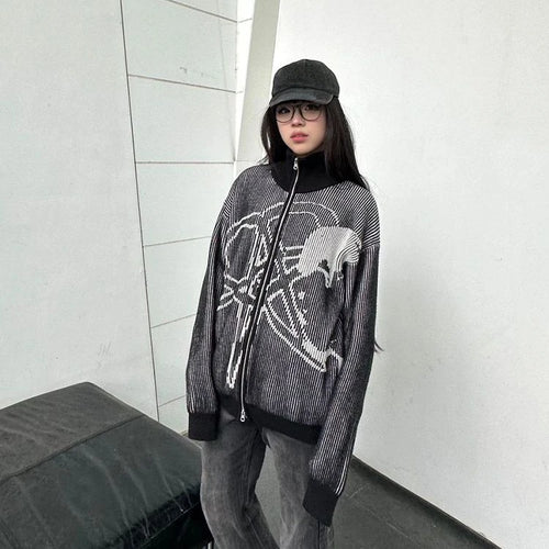 Load image into Gallery viewer, 2025 Vintage Star Jacquard Y2k Aesthetic Jacket Women Men Double Zipper Casual Jackets Oversized Harajuku Stand Neck Grunge Coat
