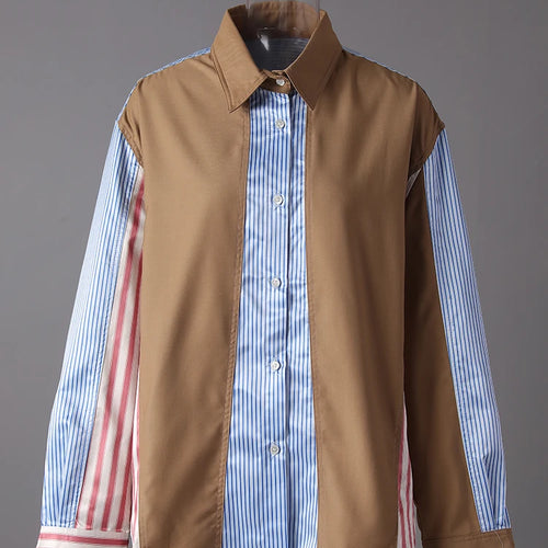 Load image into Gallery viewer, Women Khaki Striped Color-block Big Size Casual Blouse New Lapel Long Sleeve Shirt Fashion Tide Spring Autumn 2025 7AB8930
