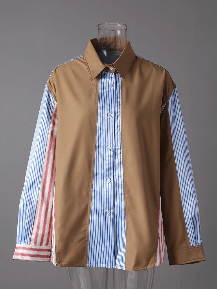 Women Khaki Striped Color-block Big Size Casual Blouse New Lapel Long Sleeve Shirt Fashion Tide Spring Autumn 2025 7AB8930