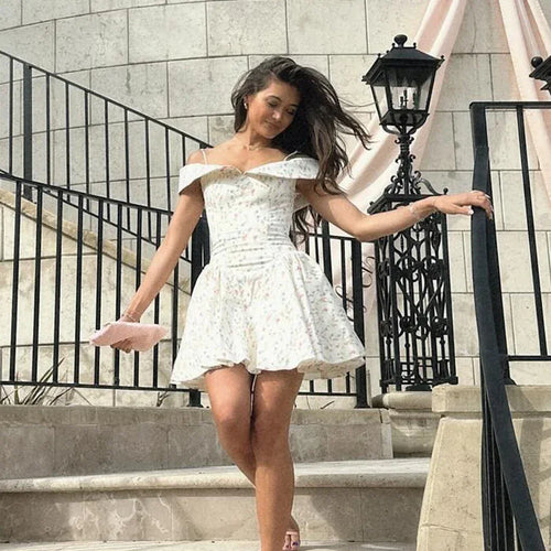 Load image into Gallery viewer, Fashion Summer Dresses 2024 Floral Print Short Party Dresses Off The Shoulder Tulle Dress A Line Women's Clothing
