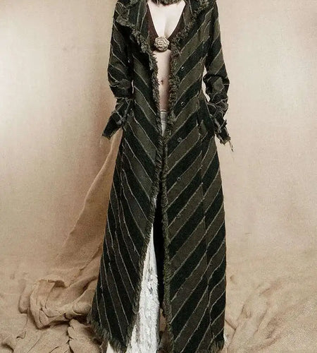 Women Blue Striped Burr Denim Long Trench New Turtleneck Long Sleeve Windbreaker Fashion Tide Spring Autumn 2025 1DH8447