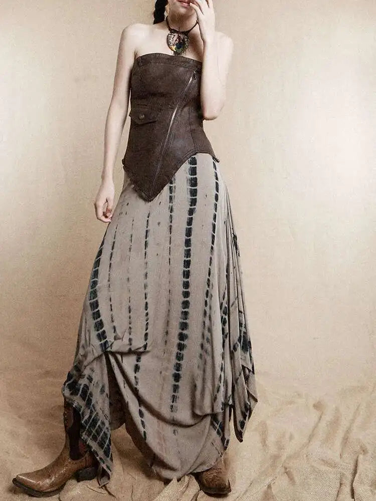 Women Brown Irregular Spliced Tie Dye Vintage Long Strapless Dress New Sleeveless Fashion Tide Spring Autumn 2025 1DH9375