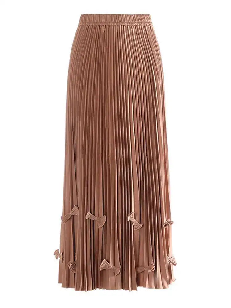 High Elastic Waist Wine Red Bow Spliced Pleated Elegant Half-body Skirt Women Fashion Tide New Spring Autumn 2025 1DH9840