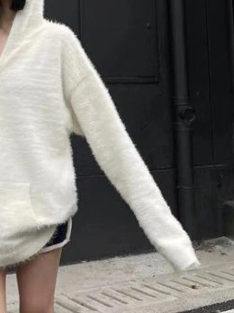 Streetwear Solid Grunge Zipper Hooded Sweaters 2025 Autumn Y2k Aesthetic Loose Casual Pullovers Women Oversized Harajuku Jumpers