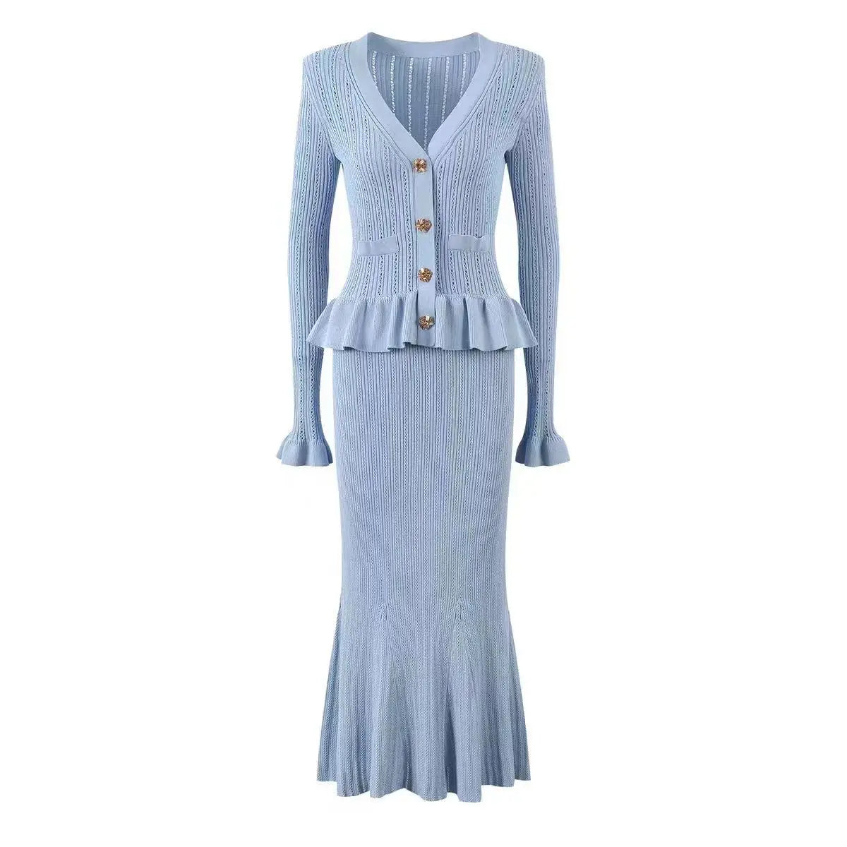French Women Black White V Neck Elegant Slim Long Sleeved Dress Spring Blue Single Breasted Office Lady Knit Fishtail Dress Chic