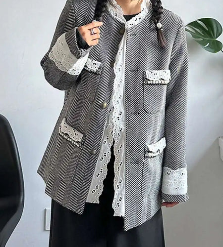 Women Black Lace Elegant Vintage Big Size Blazer New Stand Collar Long Sleeve Jacket Fashion Spring Autumn 2025 1DH4867