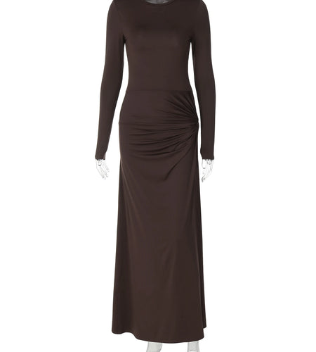 Solid O Neck Long Sleeve Ruched Sexy Bodycon Elegant Maxi Prom Dress Autumn Winter Women Outfit Birthday Party Festival