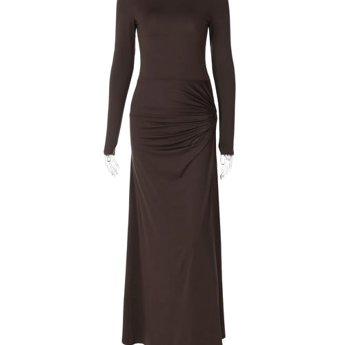 Load image into Gallery viewer, Solid O Neck Long Sleeve Ruched Sexy Bodycon Elegant Maxi Prom Dress Autumn Winter Women Outfit Birthday Party Festival
