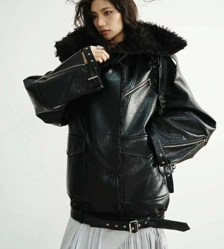 Black Thick Lambswool Big Size PU Leather Jacket New Lapel Long Sleeve Women Coat Fashion Tide Autumn Winter 2025 1DH8259