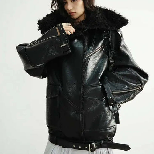 Load image into Gallery viewer, Black Thick Lambswool Big Size PU Leather Jacket New Lapel Long Sleeve Women Coat Fashion Tide Autumn Winter 2025 1DH8259
