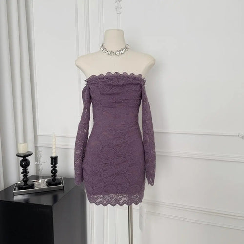 Load image into Gallery viewer, Vintage Fashion Women Purple Lace Long Sleeved Backless Party Short Dress Autumn Off Shoulder Wrapping Hip Mini Dress Simplicity
