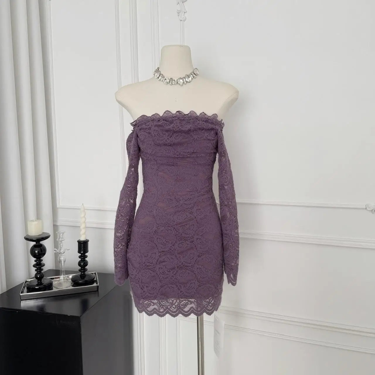 Vintage Fashion Women Purple Lace Long Sleeved Backless Party Short Dress Autumn Off Shoulder Wrapping Hip Mini Dress Simplicity