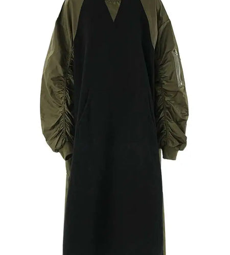 Women Army Green Color-block Big Size Midi Dress New Round Neck Long Sleeve Fashion Tide Spring Autumn 2025 CPG2092