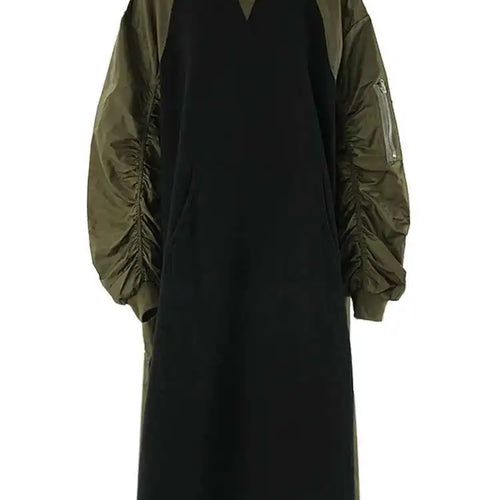 Load image into Gallery viewer, Women Army Green Color-block Big Size Midi Dress New Round Neck Long Sleeve Fashion Tide Spring Autumn 2025 CPG2092
