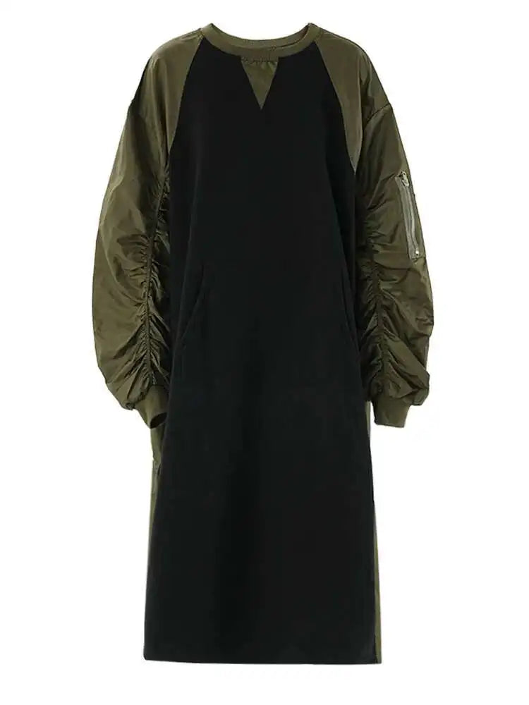 Women Army Green Color-block Big Size Midi Dress New Round Neck Long Sleeve Fashion Tide Spring Autumn 2025 CPG2092
