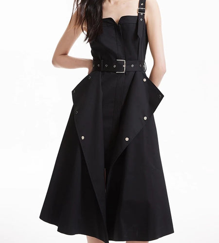 Slimming Spliced Lace Up Fashion Dresses for Women Square Neck Sleeveless Design Sense Dress Female Clothing New