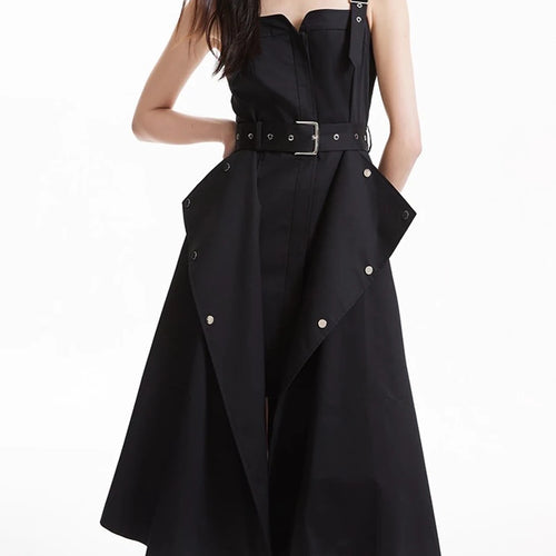 Load image into Gallery viewer, Slimming Spliced Lace Up Fashion Dresses for Women Square Neck Sleeveless Design Sense Dress Female Clothing New
