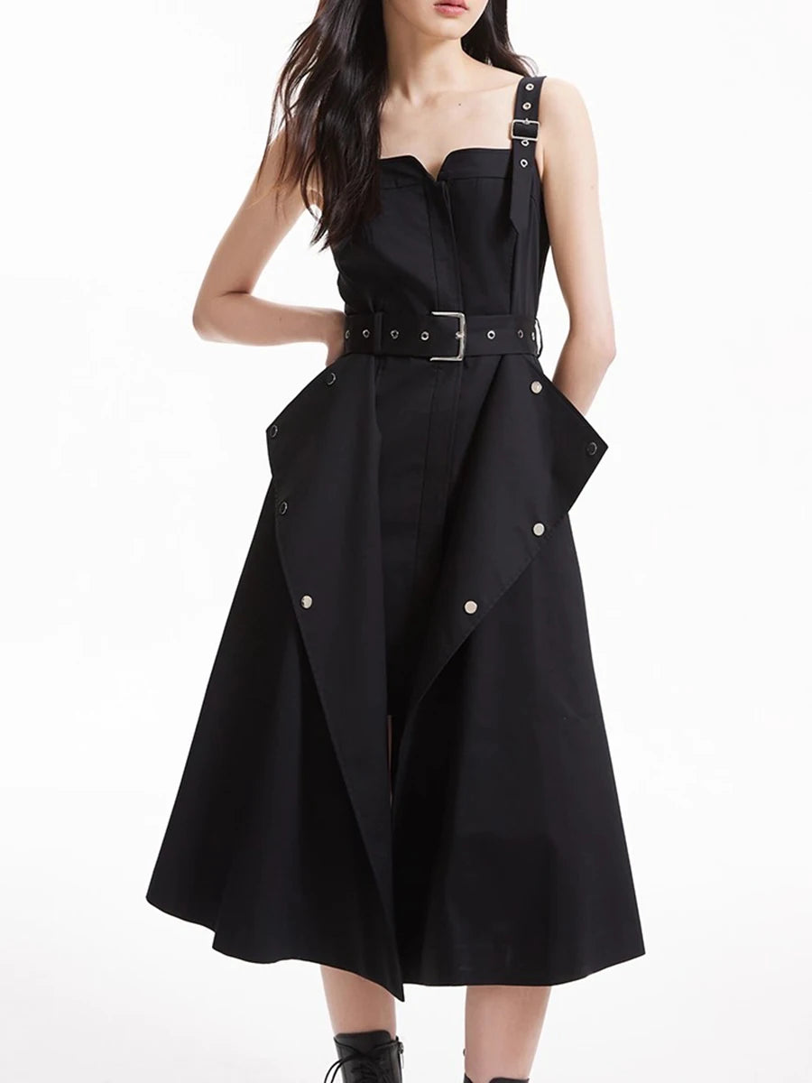 Slimming Spliced Lace Up Fashion Dresses for Women Square Neck Sleeveless Design Sense Dress Female Clothing New