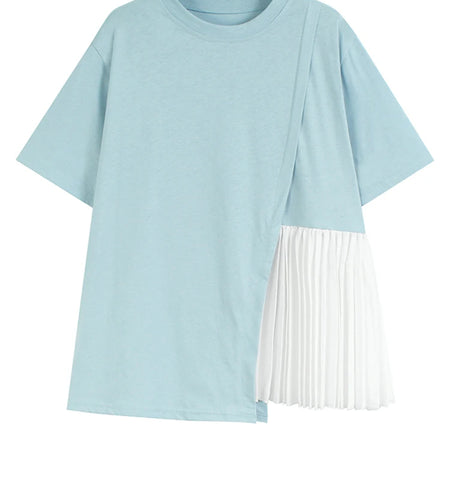Women Blue Color-block Pleated Big Size T-shirt New Round Neck Short Sleeve Fashion Tide Spring Summer 2025 1DJ1225