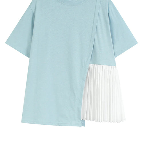 Load image into Gallery viewer, Women Blue Color-block Pleated Big Size T-shirt New Round Neck Short Sleeve Fashion Tide Spring Summer 2025 1DJ1225
