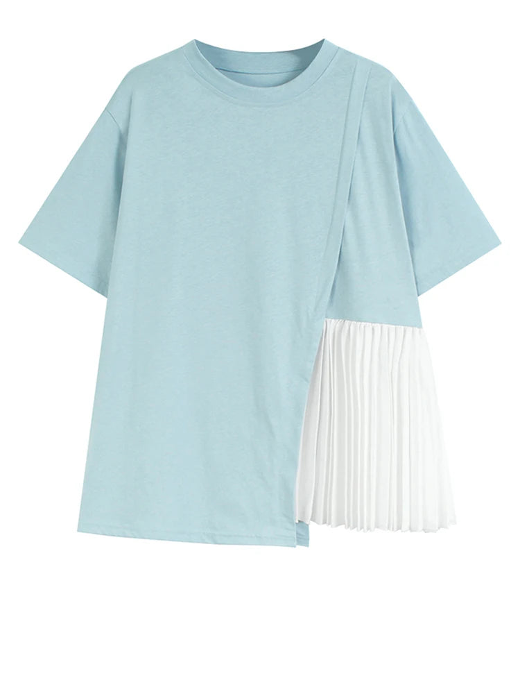Women Blue Color-block Pleated Big Size T-shirt New Round Neck Short Sleeve Fashion Tide Spring Summer 2025 1DJ1225