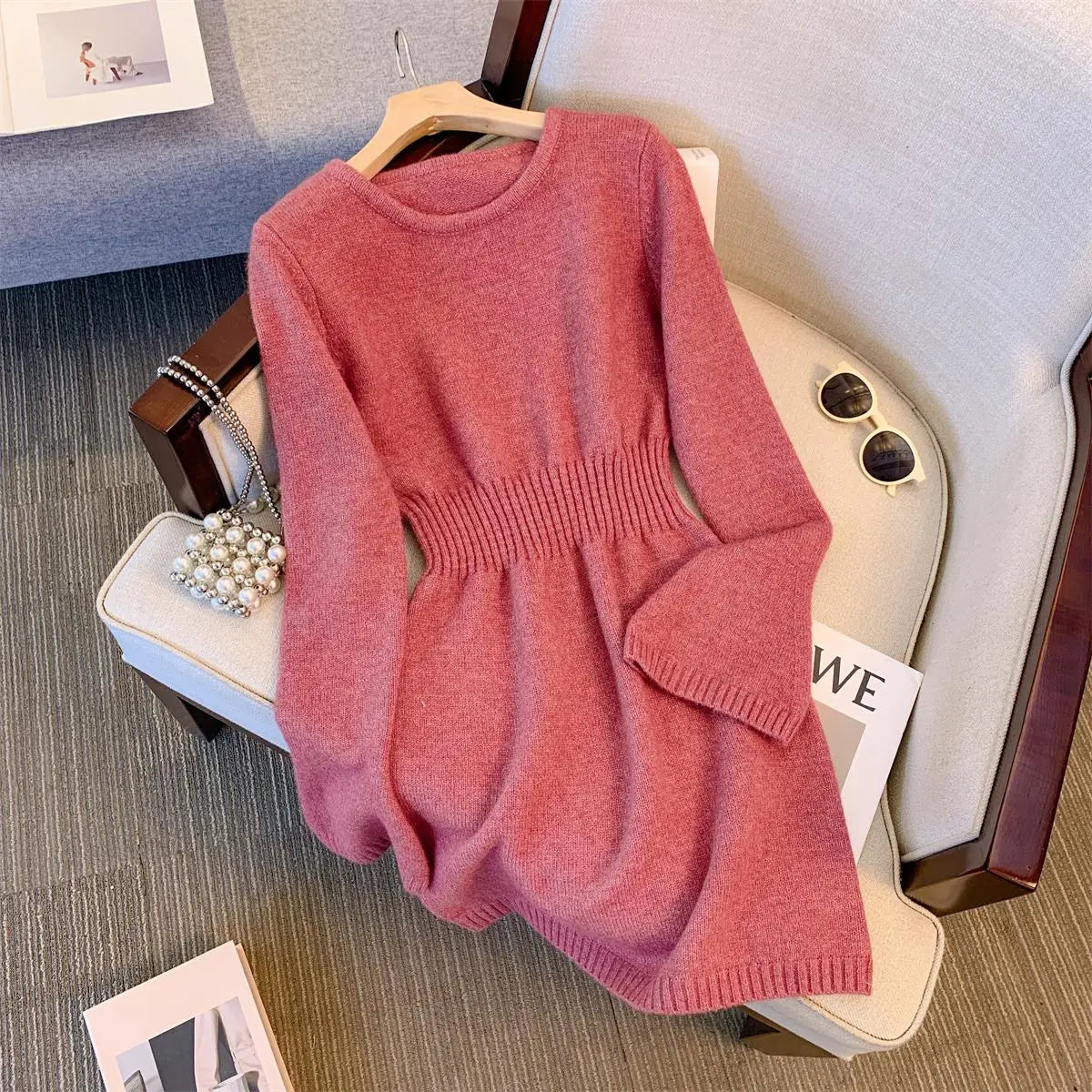 Autumn Winter Black Grey Elegant Round Neck High Waist Dress Women New Pink Long Sleeved Knitted Short Dress 2024 Korean Simple