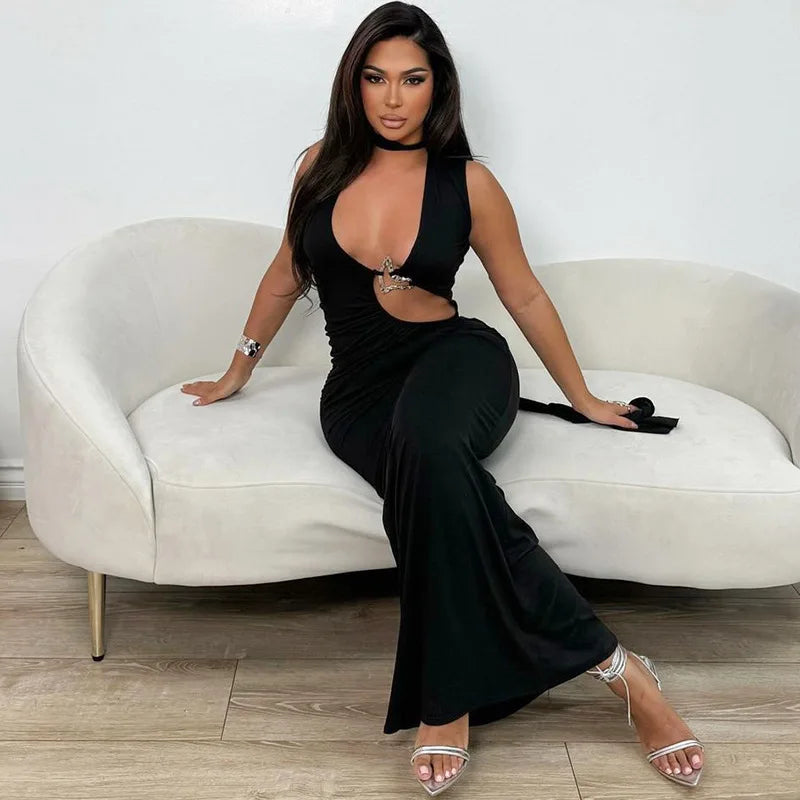 Hollow Out Halter Sexy Maxi Dress Women Summer New Metal Decoration Sleeveless Slim High Waist Long Dress Elegant