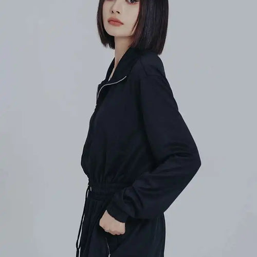 Load image into Gallery viewer, Women Black Brief Drawstring Casual Knee-Length Dress New Lapel Long Sleeve Loose Fit Fashion Spring Autumn 2025 1DF0706
