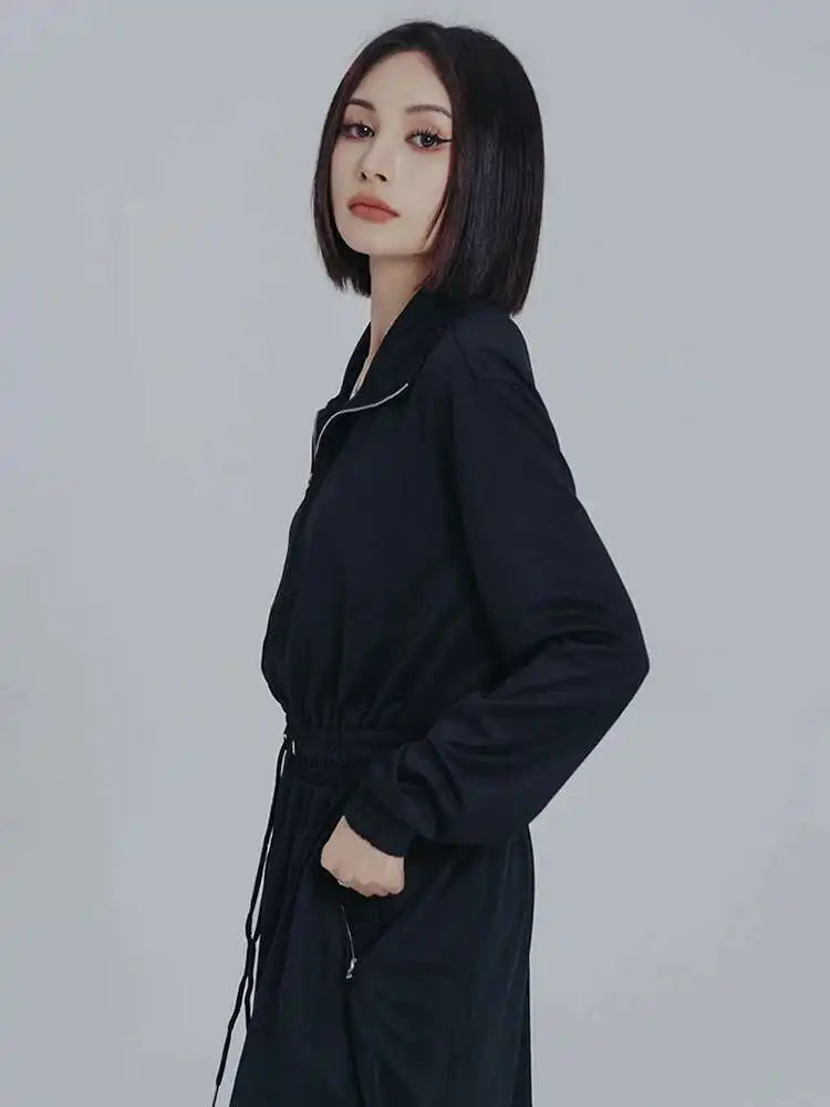Women Black Brief Drawstring Casual Knee-Length Dress New Lapel Long Sleeve Loose Fit Fashion Spring Autumn 2025 1DF0706