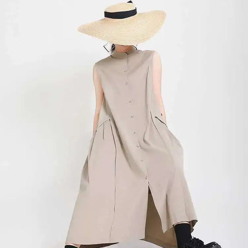 Load image into Gallery viewer, Women Khaki Split Pleated Long  Dress New Stand Collar Sleeveless Loose Fit Fashion Tide Spring Summer 2025 1Y353
