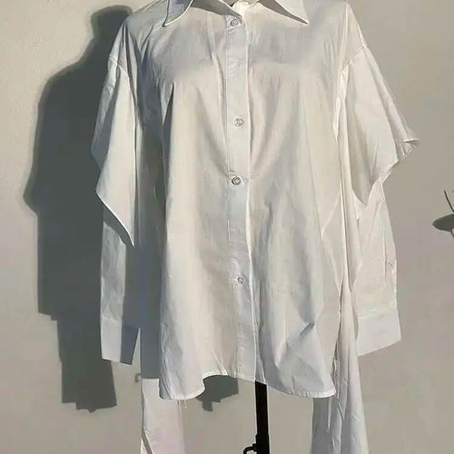 Load image into Gallery viewer, Women Black Irregular Ribbon Ribbon Big Size Blouse New Lapel Long Sleeve Shirt Fashion Tide Spring Autumn 2025 SG359
