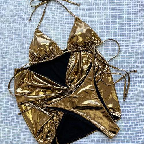 Load image into Gallery viewer, Sexy Gold Shiny Halter Three Pieces Swimsuit with Skirt 2025 Drawstring Brazilian Swimwear Women Biquini Beachwear
