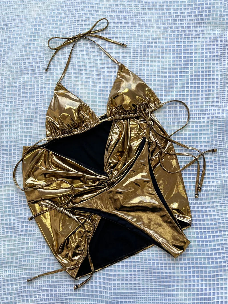 Sexy Gold Shiny Halter Three Pieces Swimsuit with Skirt 2025 Drawstring Brazilian Swimwear Women Biquini Beachwear