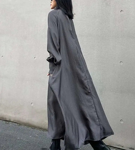 Women Gray Brief Long Big Size Elegant Dress New Turtleneck Long Sleeve Loose Fit Fashion Tide Spring Autumn 2025 1DH0252