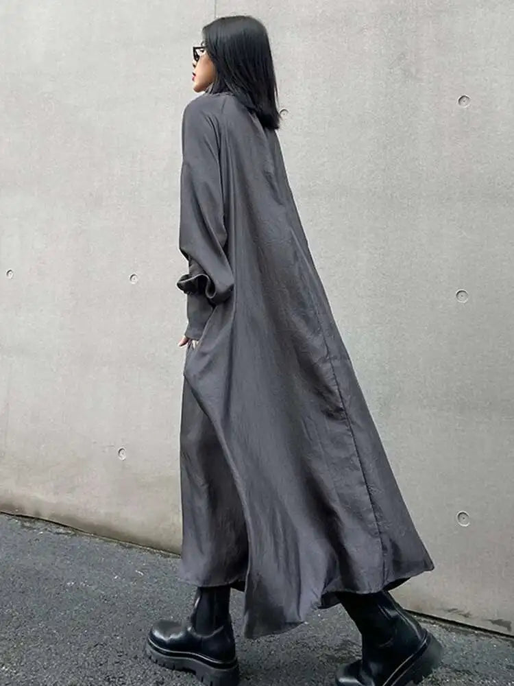 Women Gray Brief Long Big Size Elegant Dress New Turtleneck Long Sleeve Loose Fit Fashion Tide Spring Autumn 2025 1DH0252