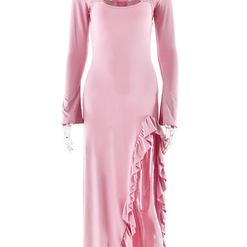 Load image into Gallery viewer, Sexy Lace Patchwork Long Sleeved Ruffled Slit Dress Women Elegant Bodycon Hollow Out Party Evening Dress Autumn Vestido
