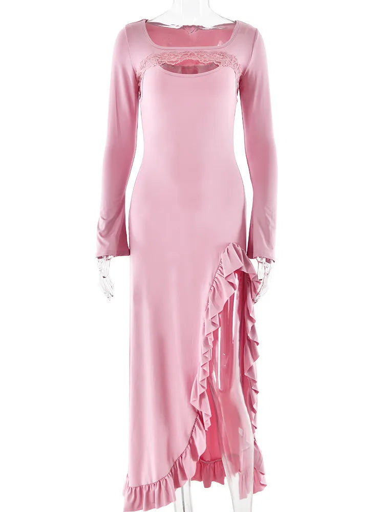 Sexy Lace Patchwork Long Sleeved Ruffled Slit Dress Women Elegant Bodycon Hollow Out Party Evening Dress Autumn Vestido