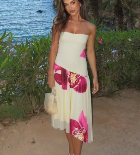 Floral Print Sexy Midi Dress Women Gown Summer New Strapless Off-shoulder Sleeveless Backless Irregular Ruffle Dress