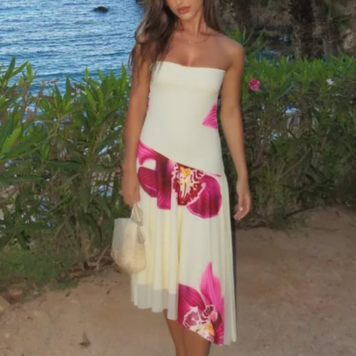 Load image into Gallery viewer, Floral Print Sexy Midi Dress Women Gown Summer New Strapless Off-shoulder Sleeveless Backless Irregular Ruffle Dress
