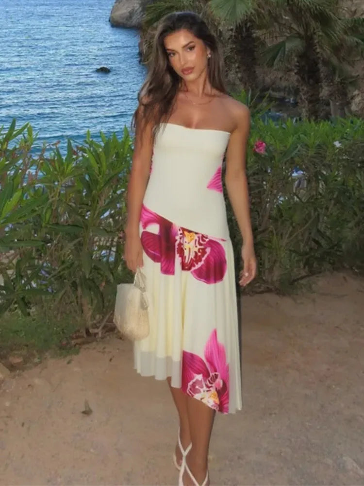 Floral Print Sexy Midi Dress Women Gown Summer New Strapless Off-shoulder Sleeveless Backless Irregular Ruffle Dress