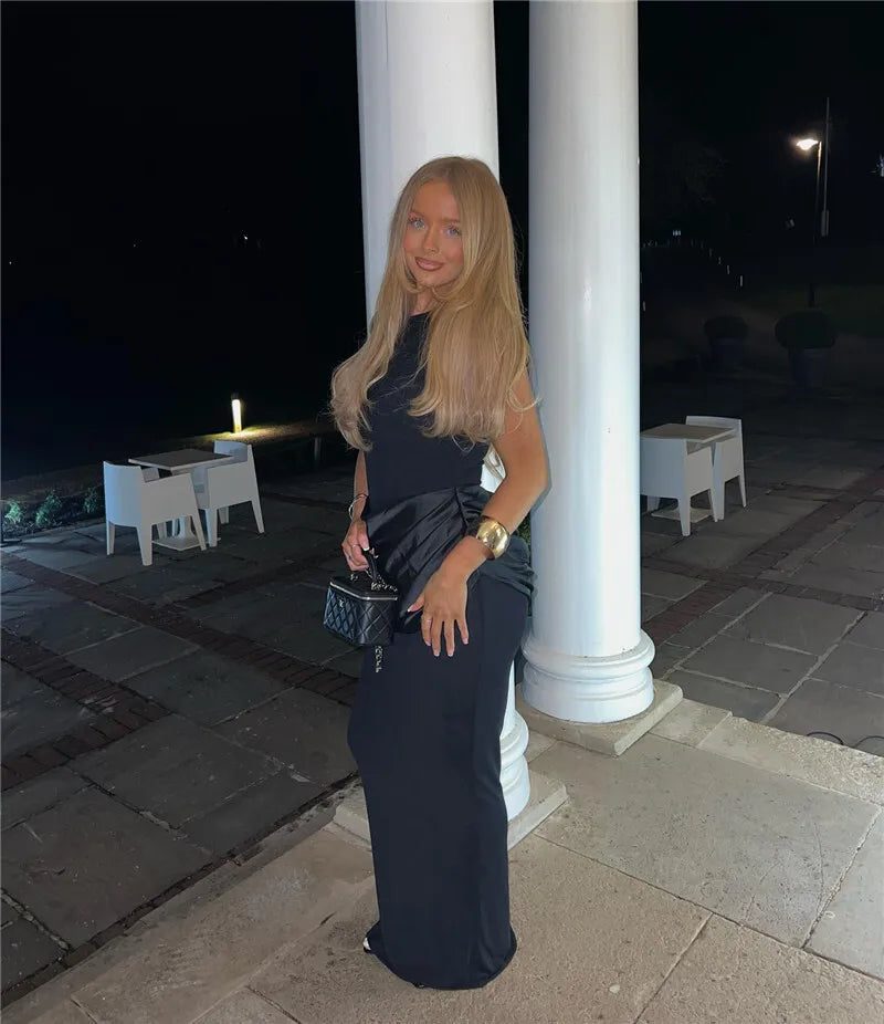 Sleeveless Ruched Sexy Maxi Dress For Women Gown Fashion Black O Neck High Waist Bodycon Club Party Long Dress Vestido