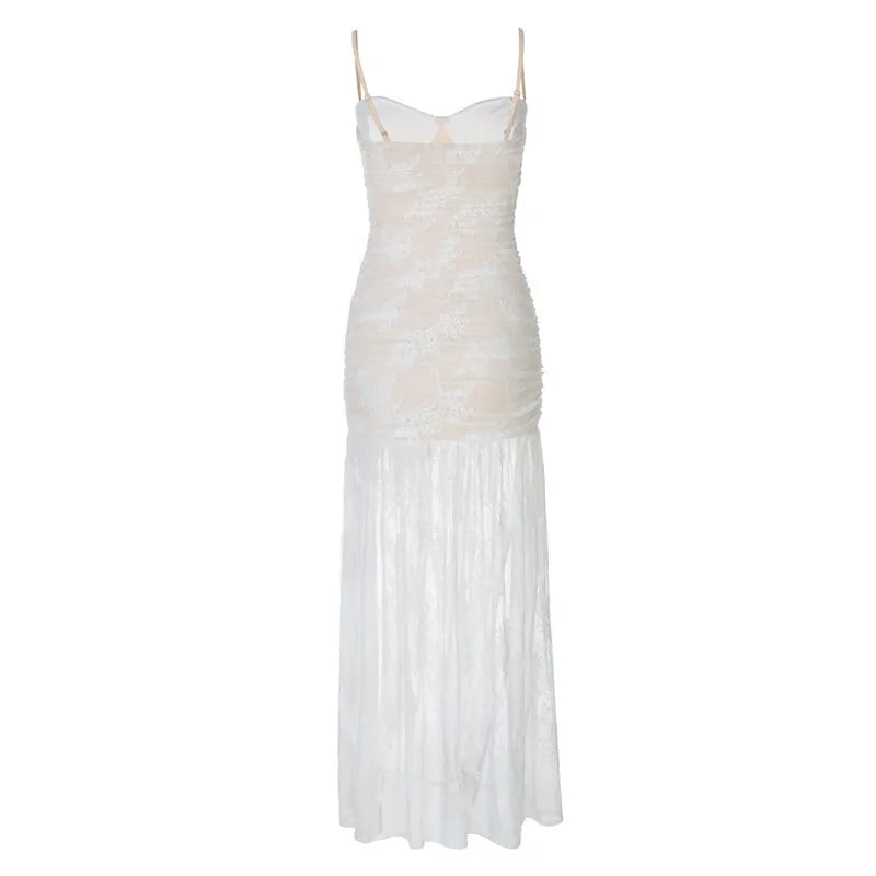 Spaghetti Strap Lace Sexy Maxi Dress For Women Gown Black Sleeveless Backless Thigh High Split Bodycon Long Dress