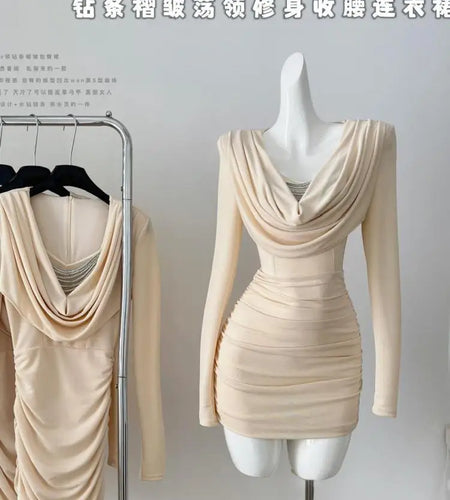 French Fashion Women's Beige V Neck Slim Long Sleeve Mini Dress 2024 Autumn New Sexy Club Wrapped Hip Pleated Short Dress Simple