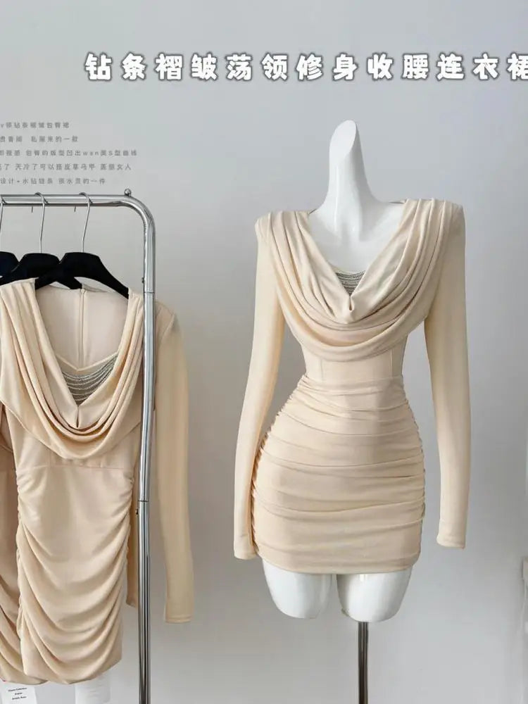 French Fashion Women's Beige V Neck Slim Long Sleeve Mini Dress 2024 Autumn New Sexy Club Wrapped Hip Pleated Short Dress Simple