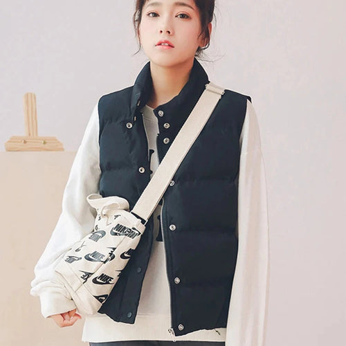 Load image into Gallery viewer, Women&#39;s Winter Jackets Single Breasted Sleeveless Vest Warm Waistcoat Stand Collar Korean Casual Fashion Lady Black Coat
